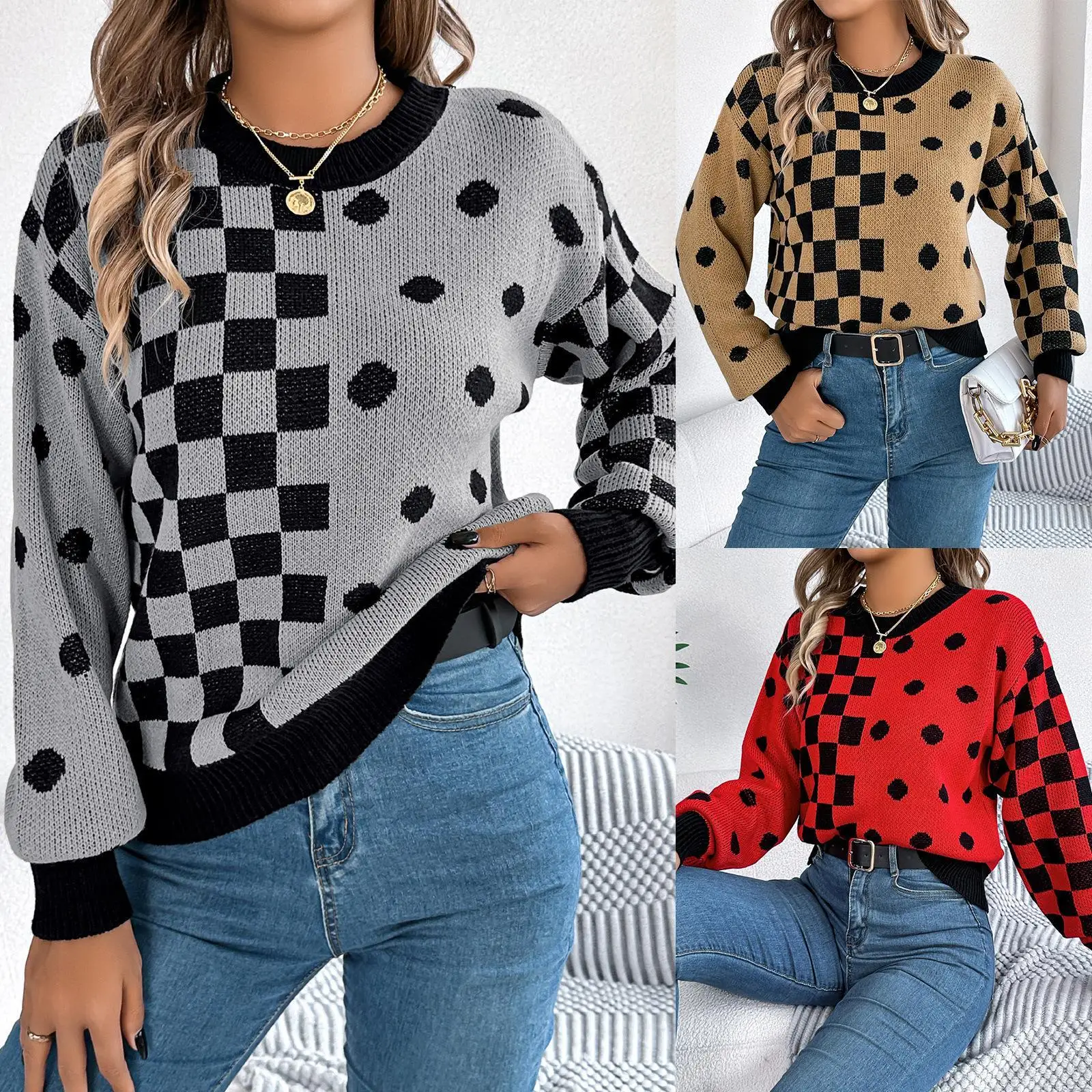 

Casual round Dot id Lantern Sve Sweater Overhead Cross-Border Women's Loose Fit Mid-Thi Winter Faion Ladies Knitwear