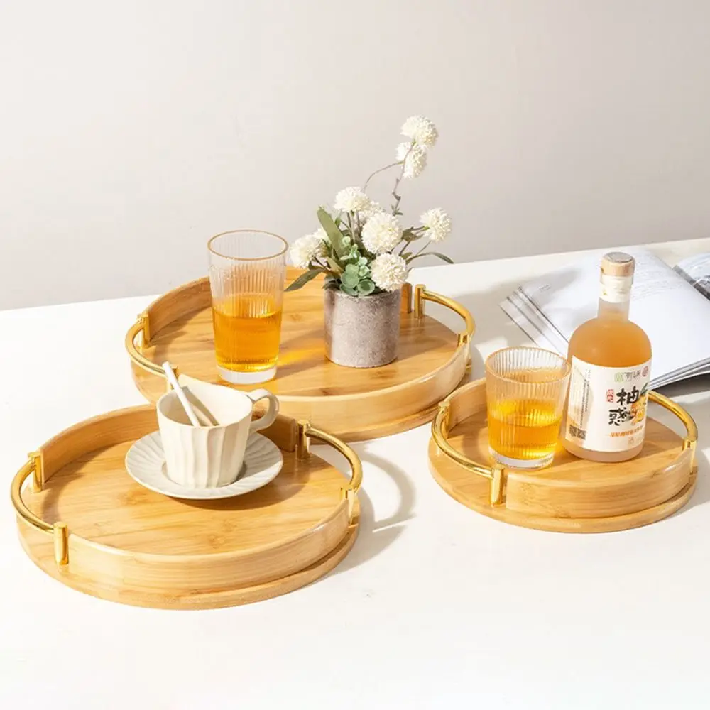 

Vintage Tea Bamboo Tray Round Large Capacity Fruit Food Storage Plate with Handles Handmade Fast Food Tray Tea Ceremony
