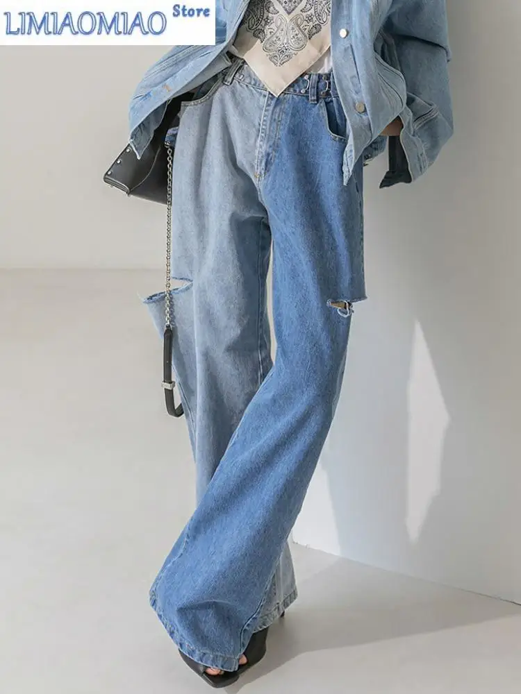

New Dongdaemun Korean Style Fashionable Casual All-Match Hook Adjustable Waist Cutting Ripped Color Matching Loose Jeans