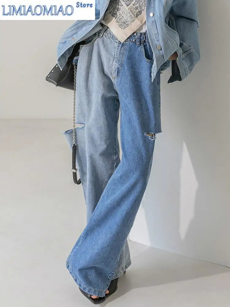 New Dongdaemun Korean Style Fashionable Casual All-Match Hook Adjustable Waist Cutting Ripped Color Matching Loose Jeans