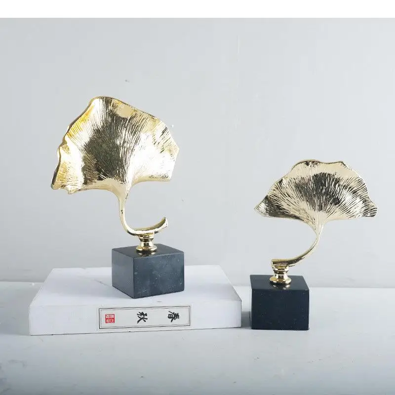 Golden Ginkgo Leaf Alloy Sculpture Marble Base Crafts Ornaments Room Aesthetics Decor Desk Decoration Artwork Statue