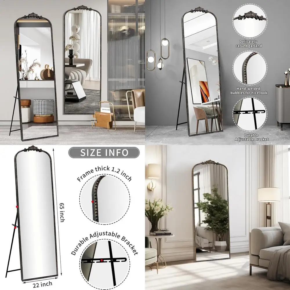 ヴィンテージバロック様式の全身鏡、65x22インチ、自立式または壁掛け式、アンティークブラックの全身鏡（斜め置き可能）