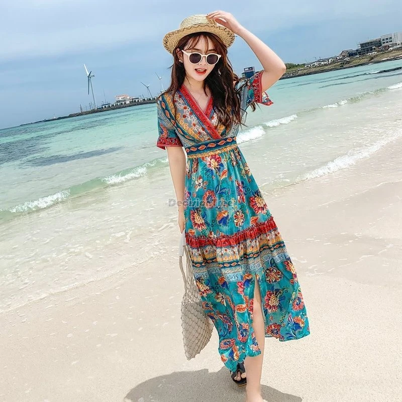 

2024 bohemian national floral printed v-neck half sleeve long dress summer new fairy travel vacation chiffon beach dress w756