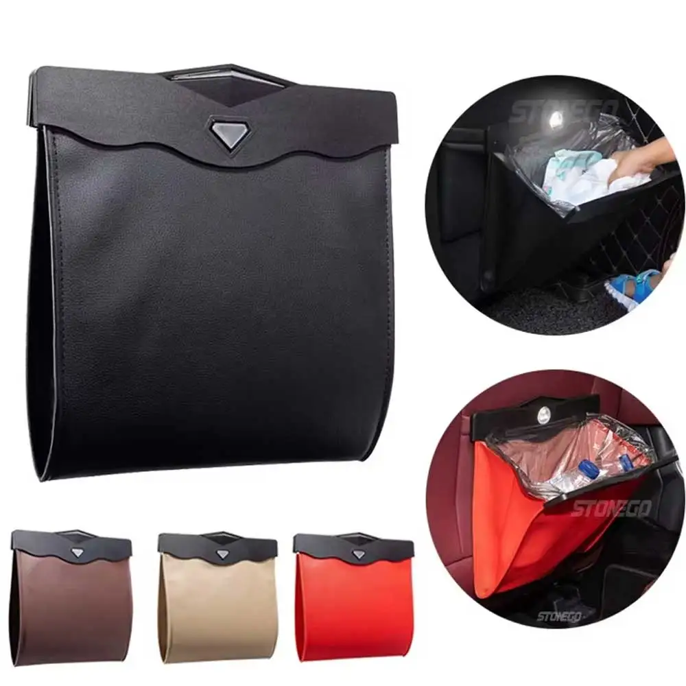 STONEGO LED Car Garbage Bag Waterproof Magnetic Adsorption Trash Can Back Seat Hanging Leather Storage Pocket Leak-proof