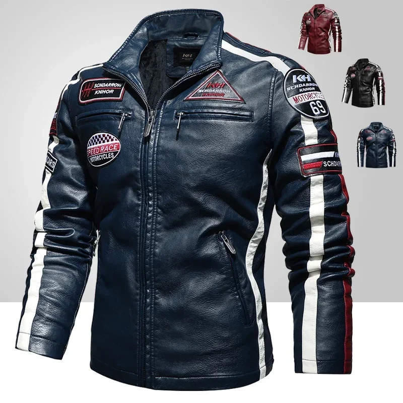 Mens Vintage Motorcycle Jacket 2024 Men Fashion New Biker Leather Jacket Male Embroidery Bomber Coat Winter Fleece Pu Overcoat