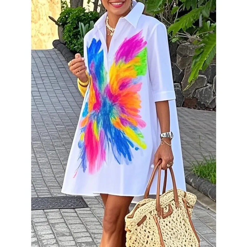 Tinaa Office Lady Plus Size Dresses 2025 Spring Autumn Print Turn Down Collar Half Sleeve Loose Casual Shirt Dress Lady 183408