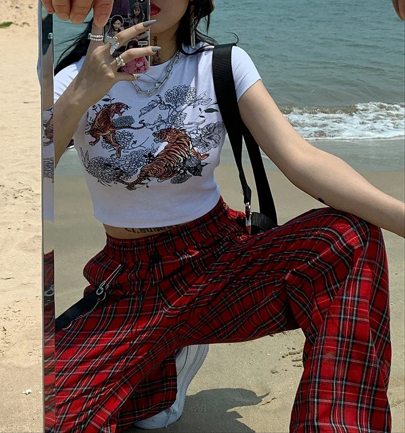 Red Plaid Pants Classic Retro All-match Casual High Street Fashionable Cool Confident Youth Hip-hop Women Autumn Straight Leg