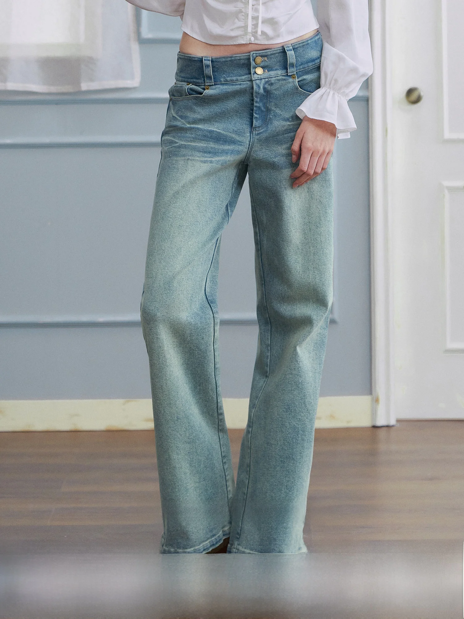 

Pure Cotton Casual Vintage Mustache Straight Leg Jeans Women Spring Wear Versatile Simple Style Natural Waist Button Closure