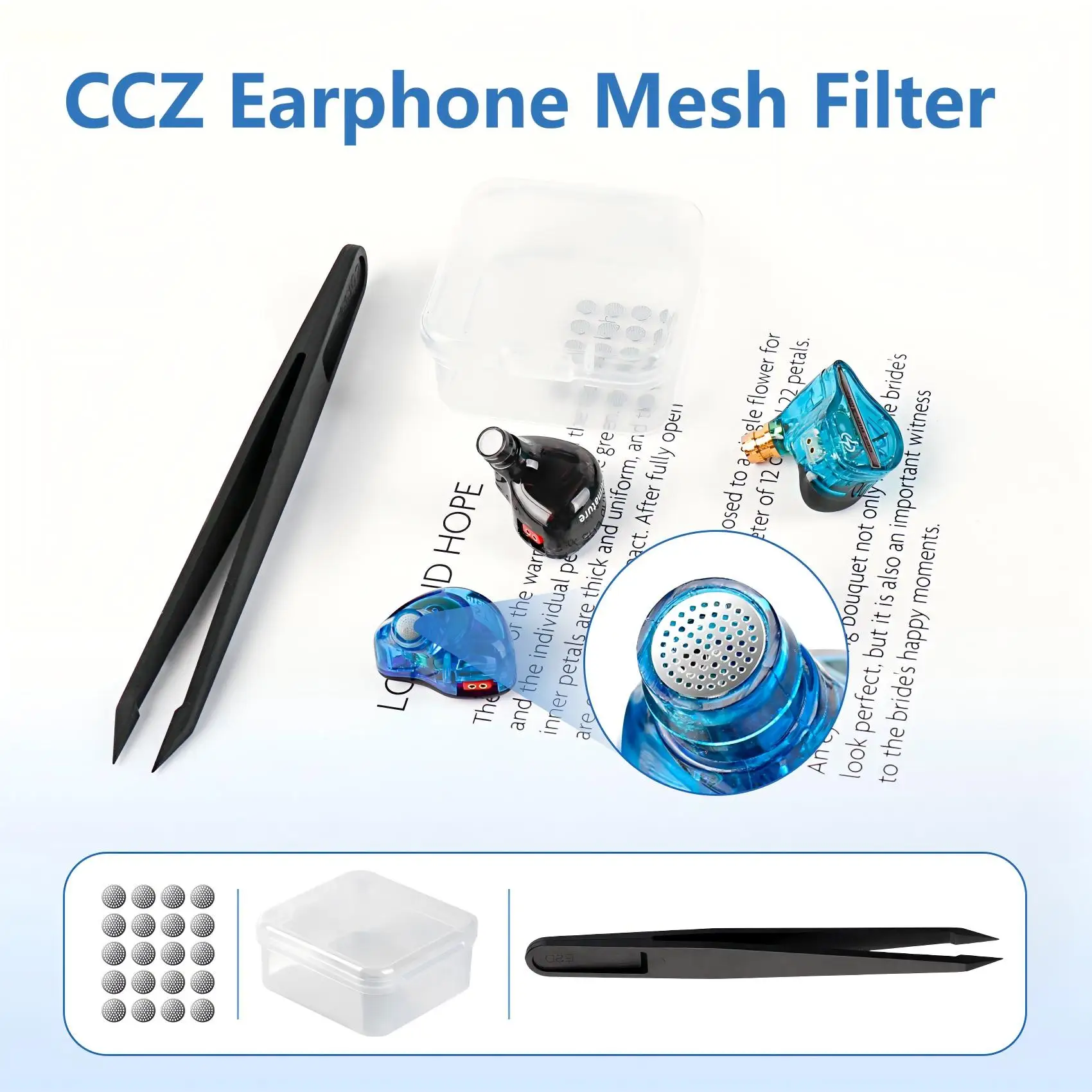 CCZ Silicone Earphone Mesh Filters With Tweezers & Storage Case Multiple Sizes (3.7-5mm) for Earphone Easy Adhesive Installation