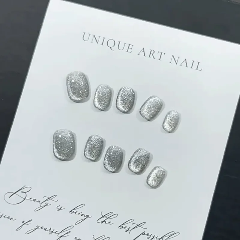

Handmade Nail Fake with Glue Short Acrylic Nails Press Ons 10 Pcs for Girls Gray Cat Eye Glitter Nail Tip with Box and Tools