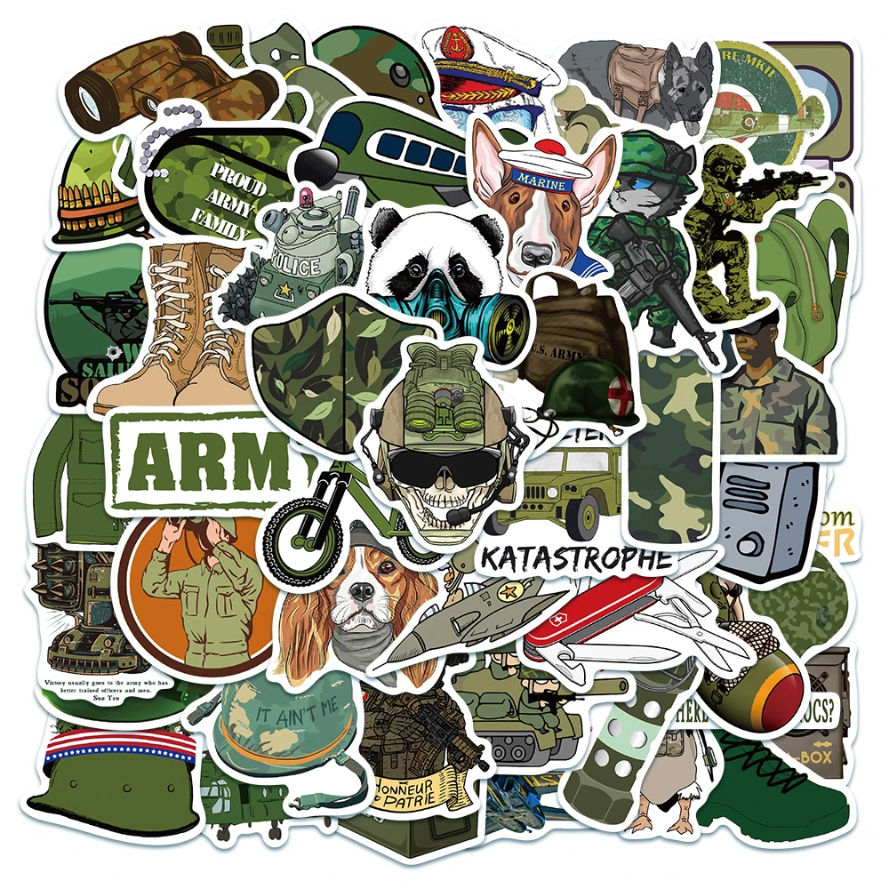 50pcs Green Military Sticker Weapon Army Luggage Guitar Envelope Diray Skateboard Scrapbooking Notebook Laptop Wateproof