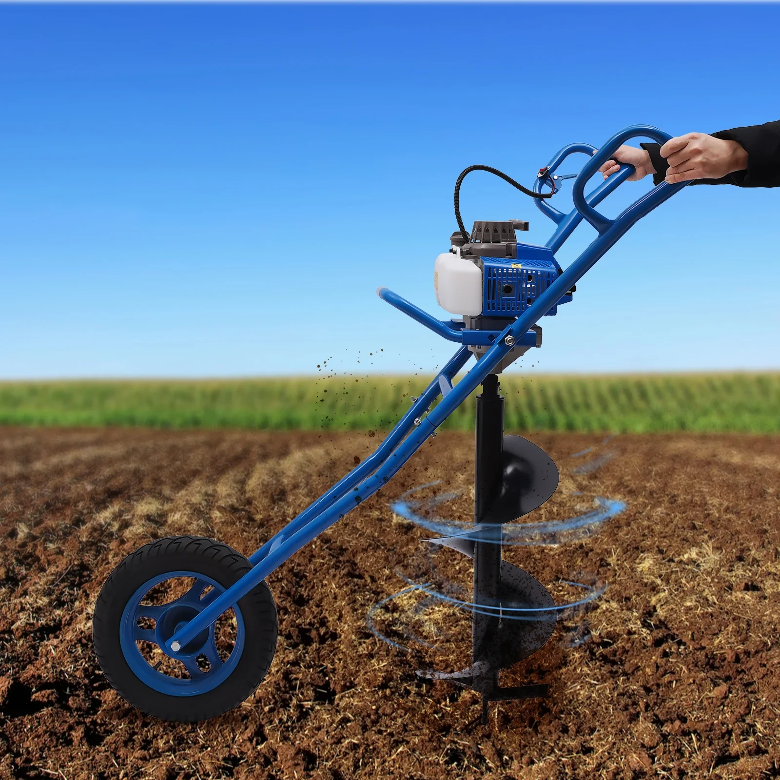 ل 2.2KW (3HP) مجموعة حفار الحفر الأرضي لثقب الأرض الأزرق مع 2 السكتة الدماغية عجلة عربة الحفر المنقولة