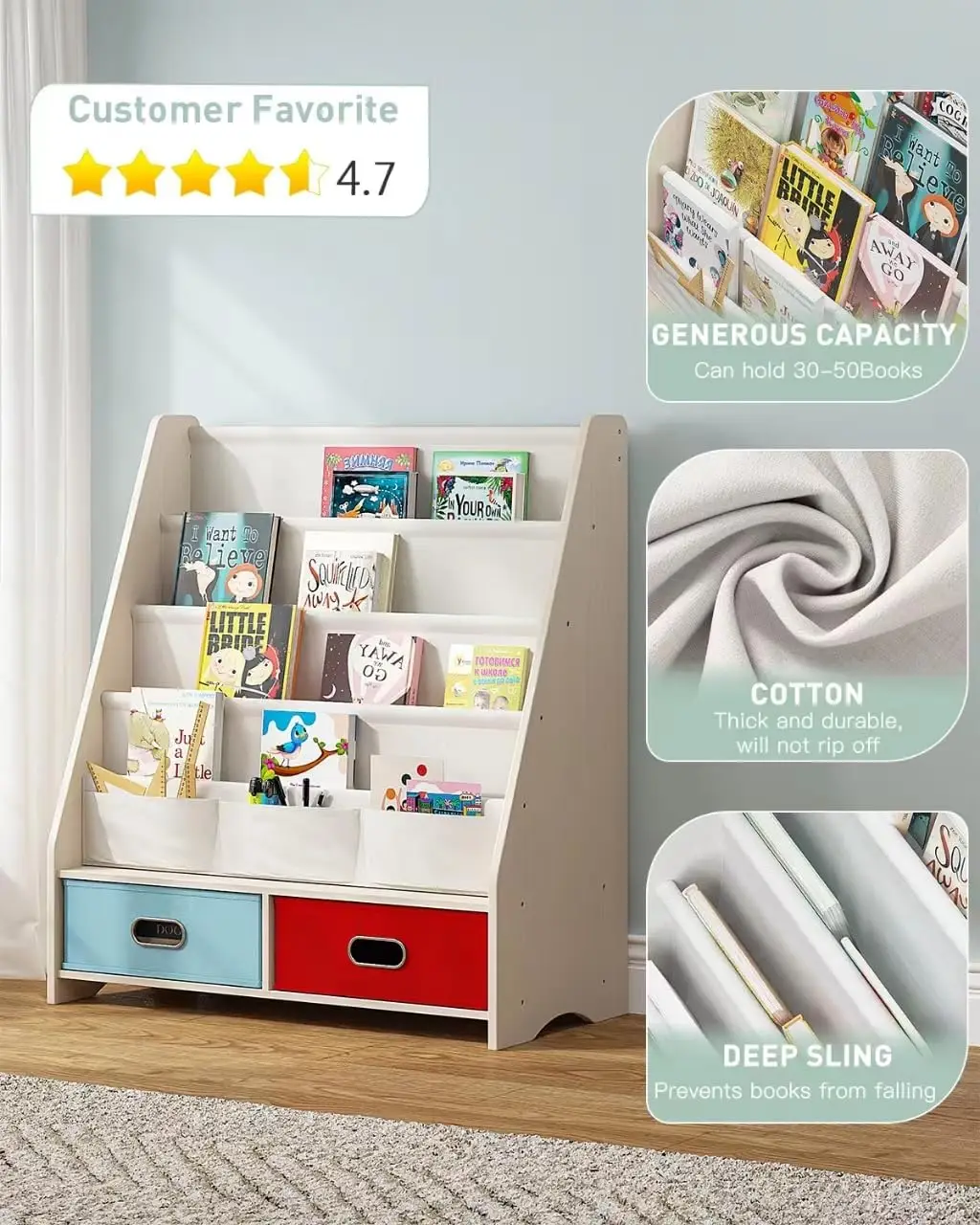 Étagère à livres robuste pour enfants, étagère à livres pour chambre d'enfant avec écharpe en coton déchiré, étagère à livres pour tout-petits sans danger pour les cuillères à soupe, portée facile CH