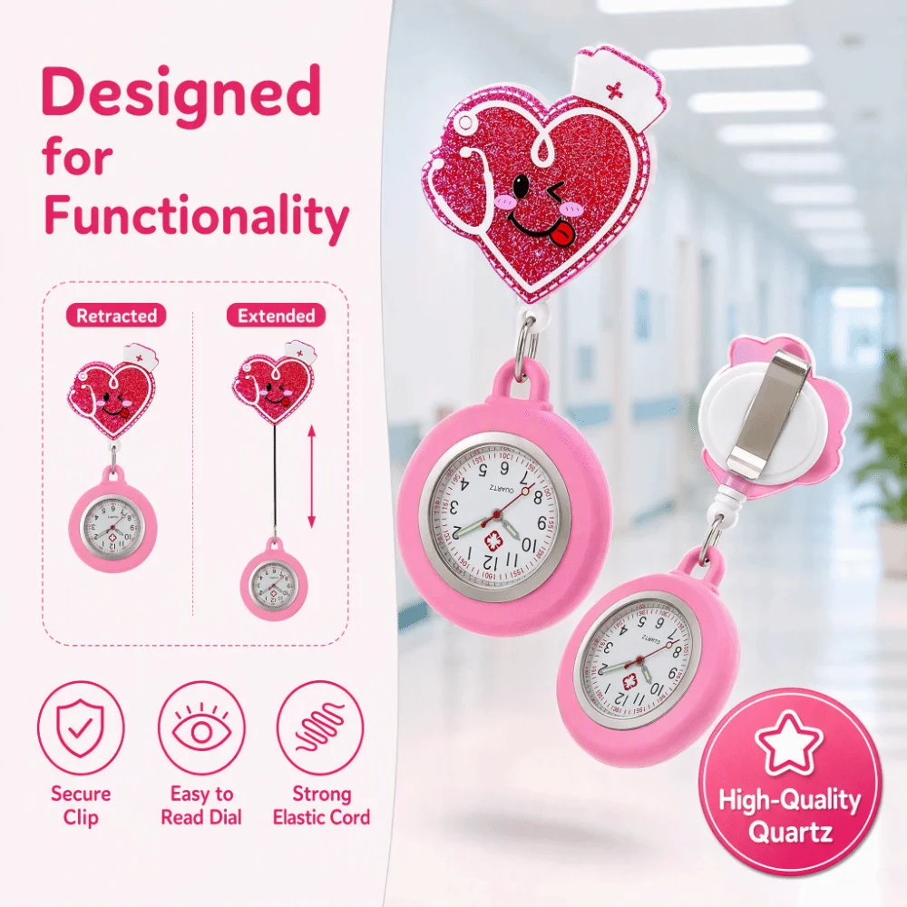 Clock Retractable Retractable Pocket Watch Clip-On Silicone Nurse Watch Cartoon Glitter Multi-functional Badge Reel Hospital