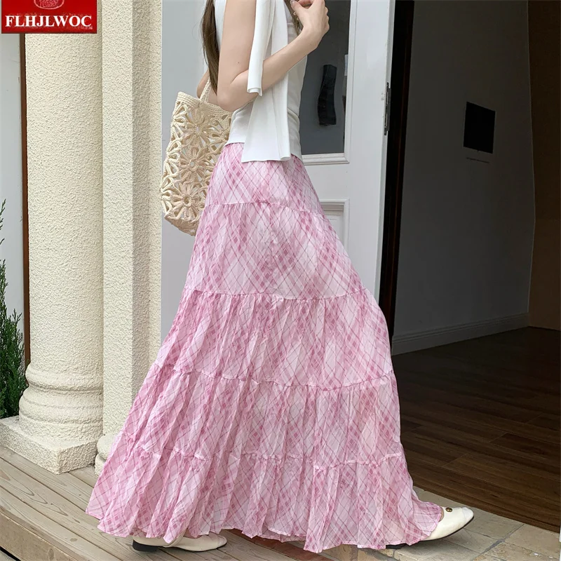 Summer Pastoral Chiffon Skirt Multi-Layer Pink Romantic Cute Sweet Girls Holiday Vacation Swing Long Maxi Skirt for Women