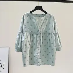 Blusa de gasa con cuello redondo para mujer, camisa holgada de manga corta con estampado de lunares, Estilo Vintage Harajuku, Verano