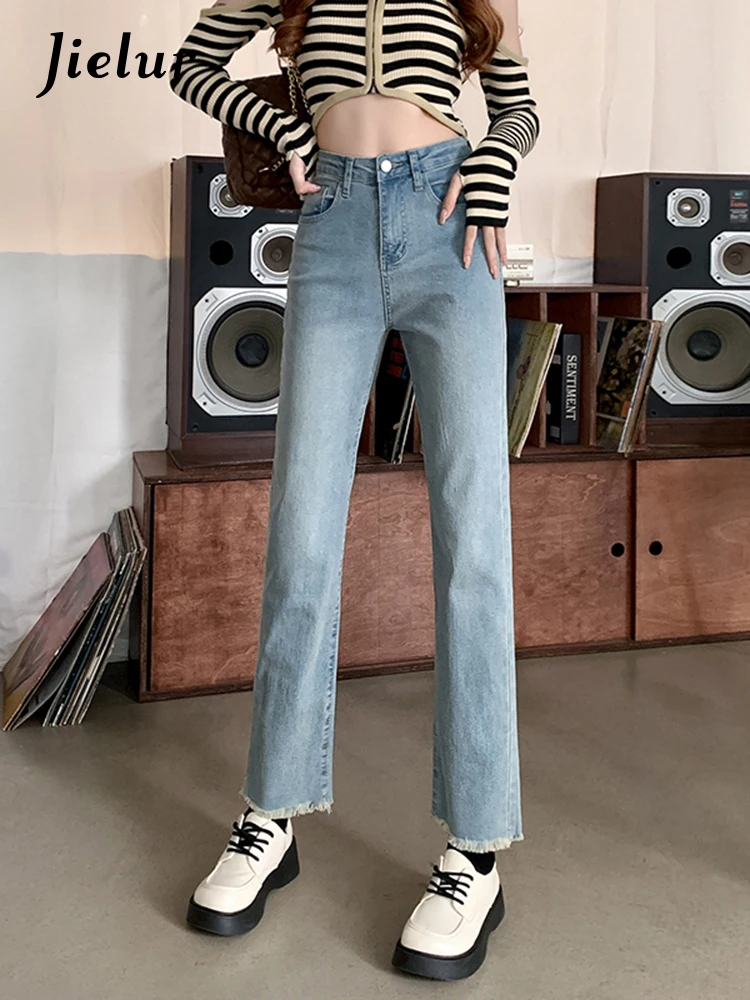 Jielur Vintage Washed Tassel Hem Blue Jeans Autumn Korean High Waist Woman Jeans Slim Straight Denim Pants Women Fashion S-XL