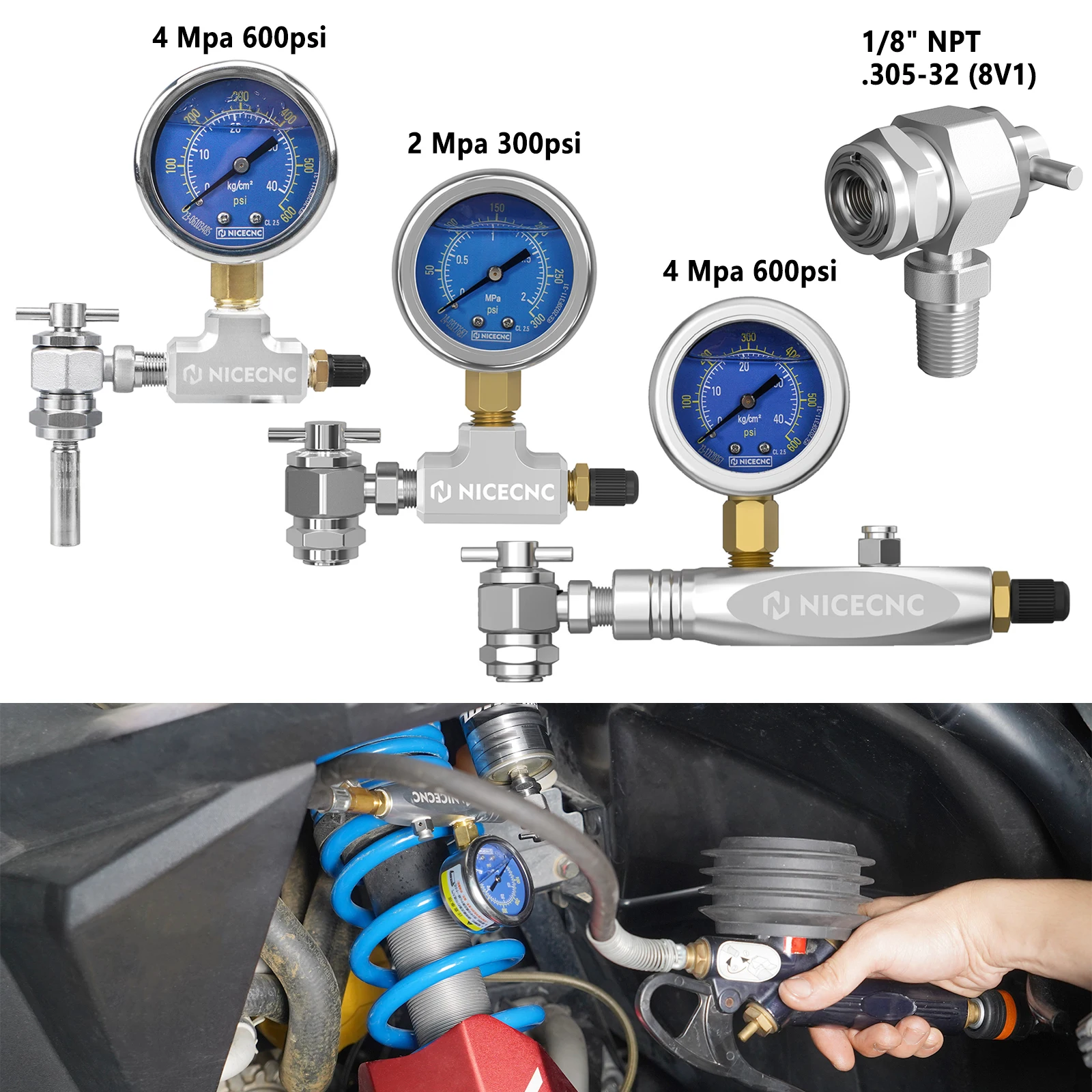 .305-32 8V1 300/600psi sin pérdida de aire portabrocas UTV herramienta de llenado de nitrógeno de choque regulador para Yamaha YZF Raptor700 Polaris RZR CanAm X3