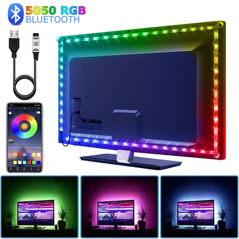Bluetooth luzes de tira led para tv inteligente led fita luz usb 5v luzes led tira rgb 5050 parede sala decoração led