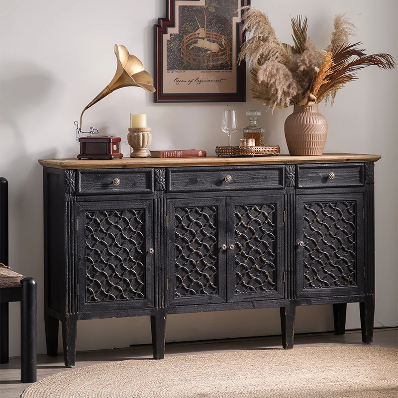 

French retro old dining side cabinet medieval homestay restaurant hotel entrance cabinet black storage