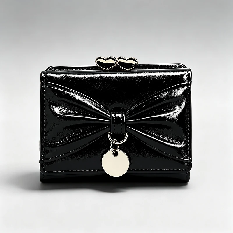 Cute Bow Women Short Wallet Heart Kiss Lock Mini Purse Multi Card Slots Small Coin Purse Ladies Daily Fashion Clutch Wallet