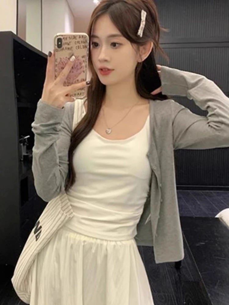 

Gray Short Fit Korean Style Open Cardigan Women's Summer Thin Outerwear Soft Long Sleeve Button up Top with Strap