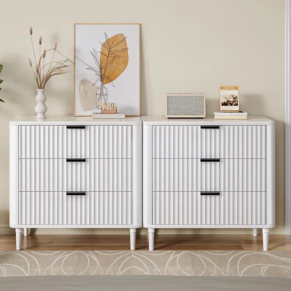 

Fluted Nightstand Set of 2, 32.5 Wider Modern Side Table with Solid Wood Legs, Wood 3 Drawer Storage End Table w/Storag