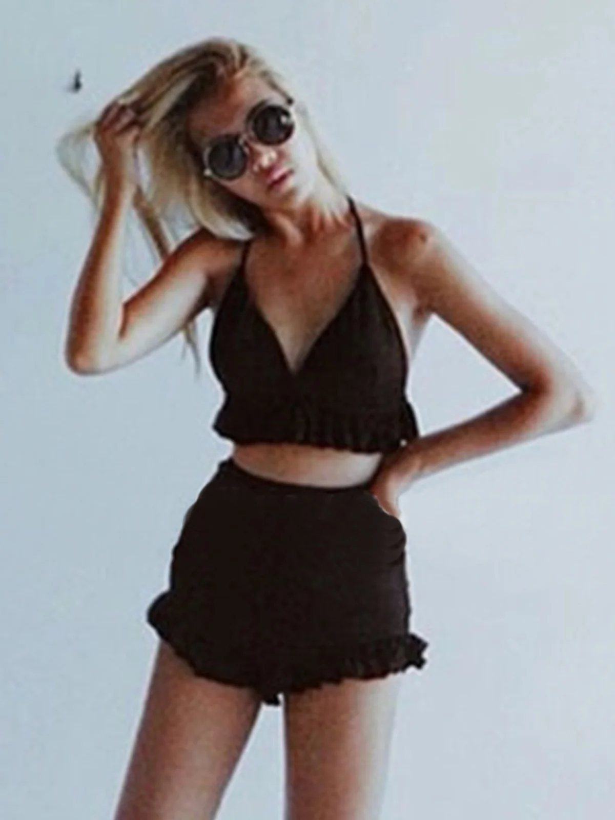 

Sexy Retro High Waist Bikini Women's V-Neck Two-Piece Swimsuit with Side Cutouts And Shoulder Straps Beach Vacation Swimwear