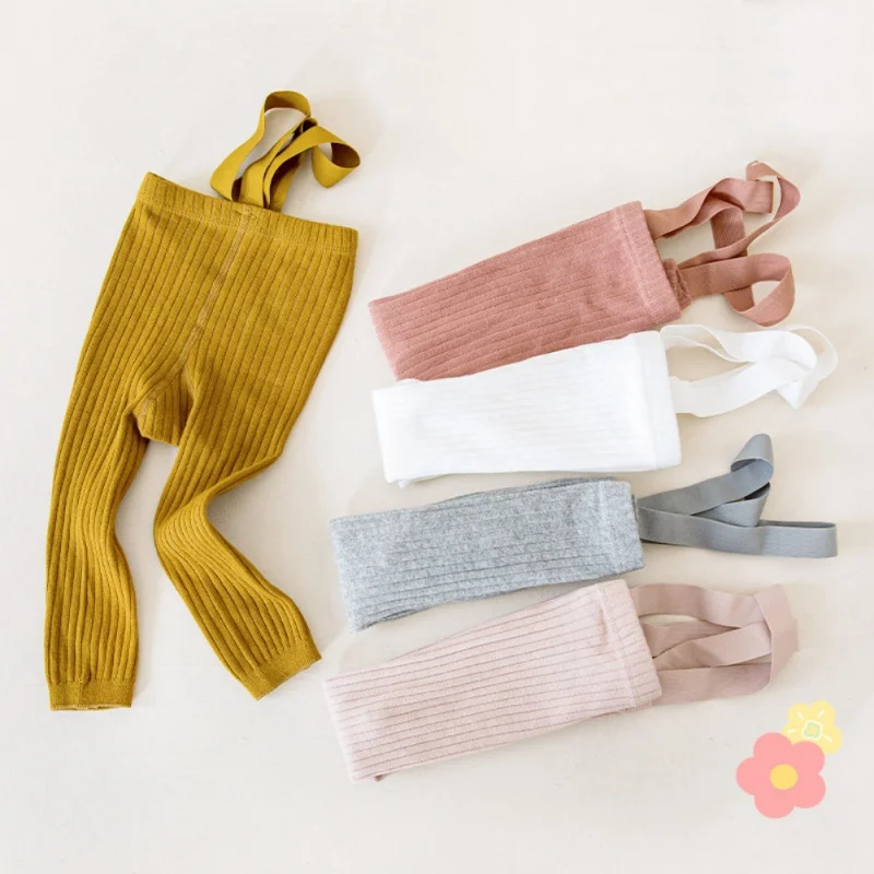 Autumn Kids Baby Simple Casual Ribbed Cotton Leggings Solid Color Baby Girl Boys Overalls Children Suspender Pantyhose 8 Colors