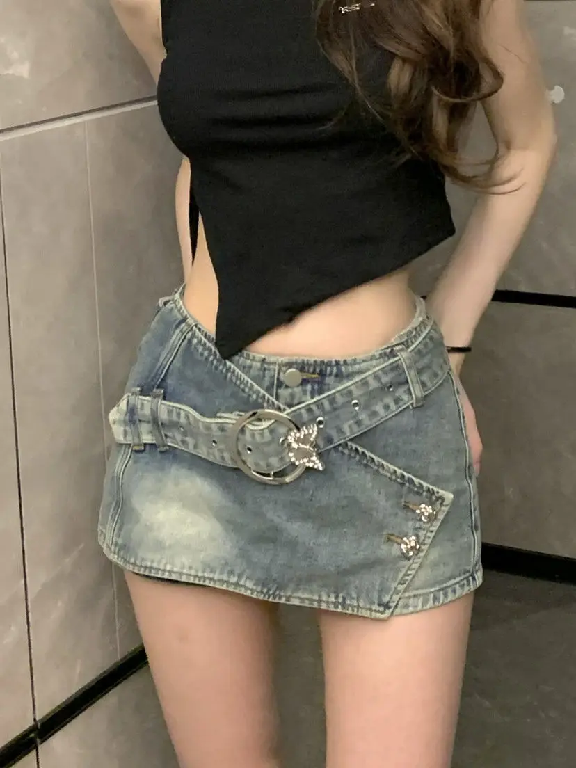 

Korea Culottes Denim Women Fashion Mini Skirt With Casual A Line Skirt Washed Blue Asymmetrical Female Chic Hot Streetwear