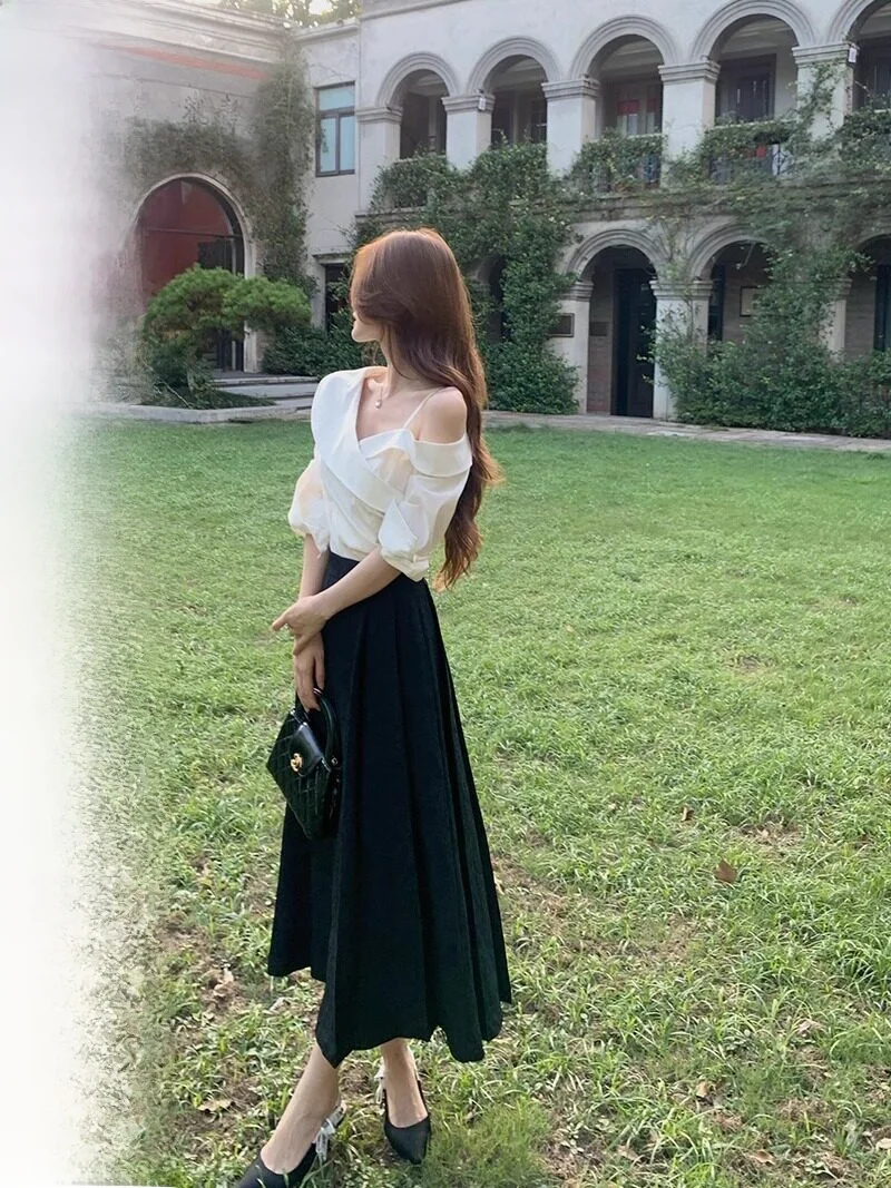 

Asymmetric Cross Collar Slim Fit irt And Midi Skirt Two Piece Set for Women Ele Sle Summer Collection 2024