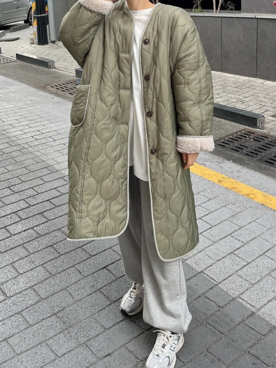 

Lamb Fur Patchwork Diamond Pattern Cotton Jaet Women's Vintage Loose Winter Thi Warm Mid-Length Coat Trendy