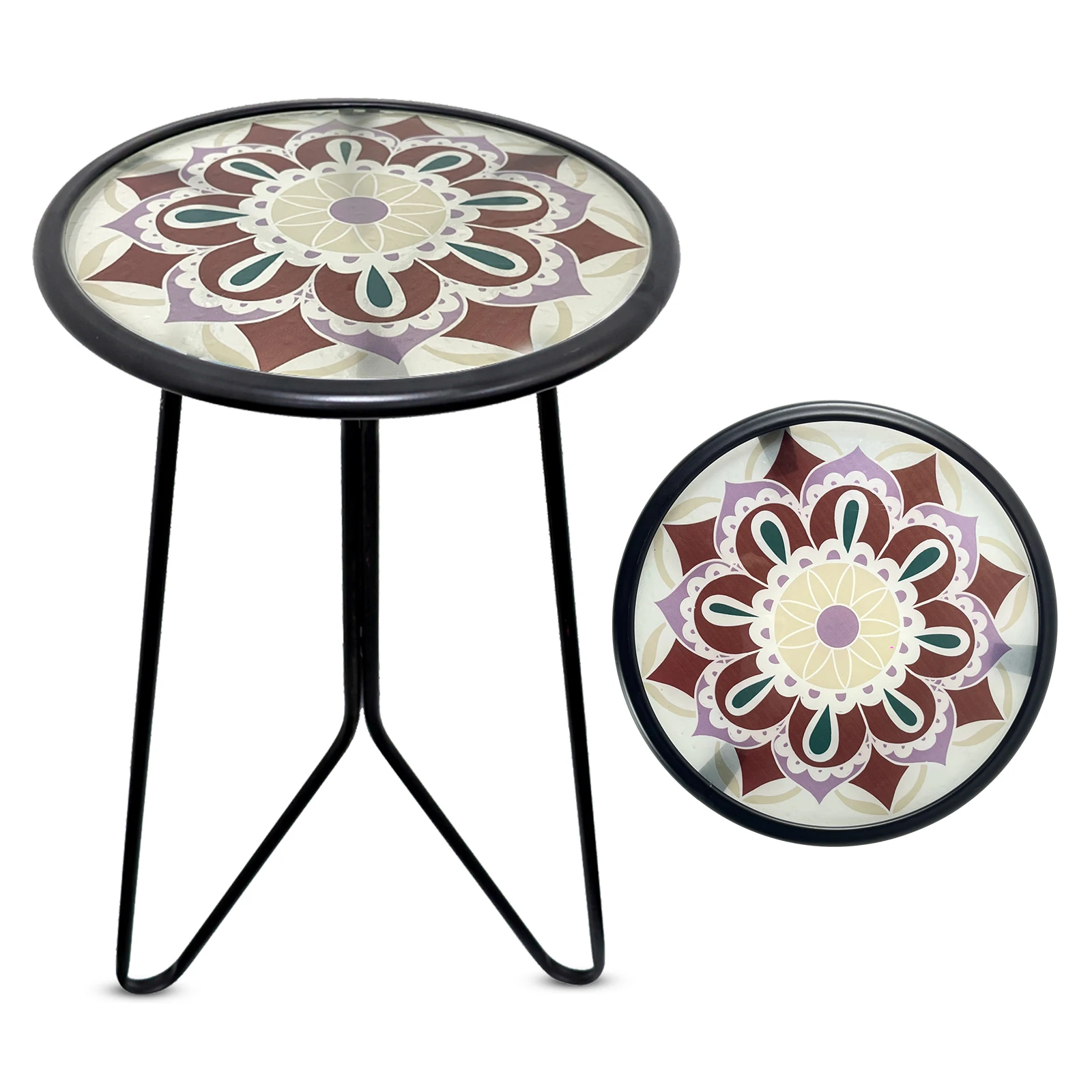 Mesa de Centro y Lateral de Metal y Vidrio con Estampado UV 12" 🏡