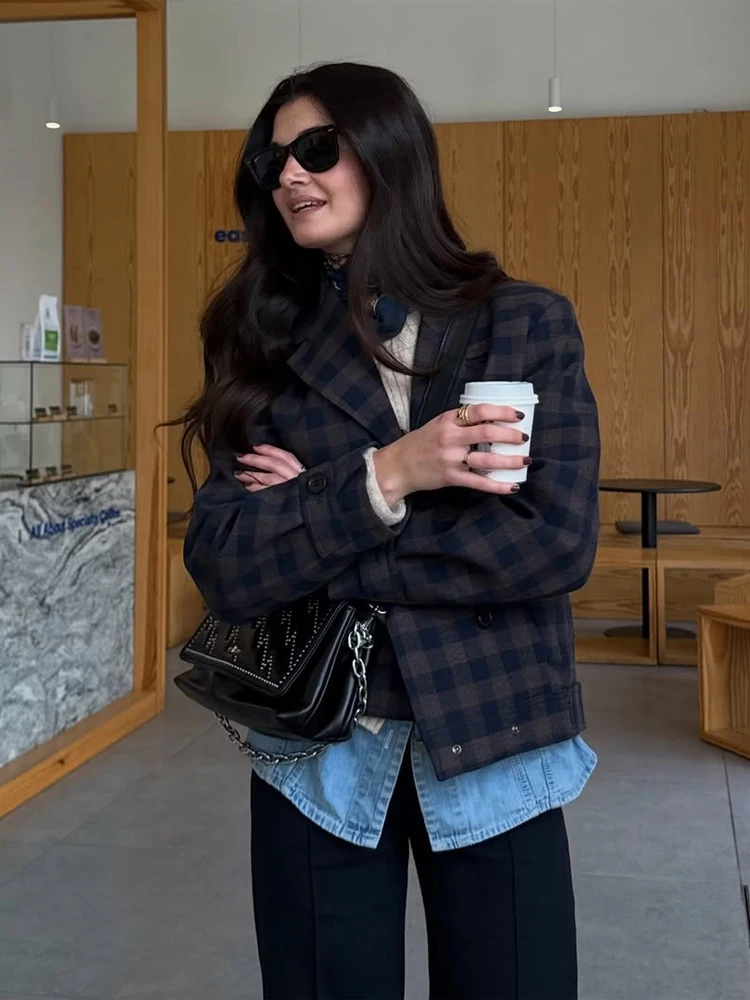 Plaid Blazer Notched Lapel Button Front Long Sleeve Cropped Loose Fit Office Commute Fall 2026 Winter Casual Wool Blend Jackets