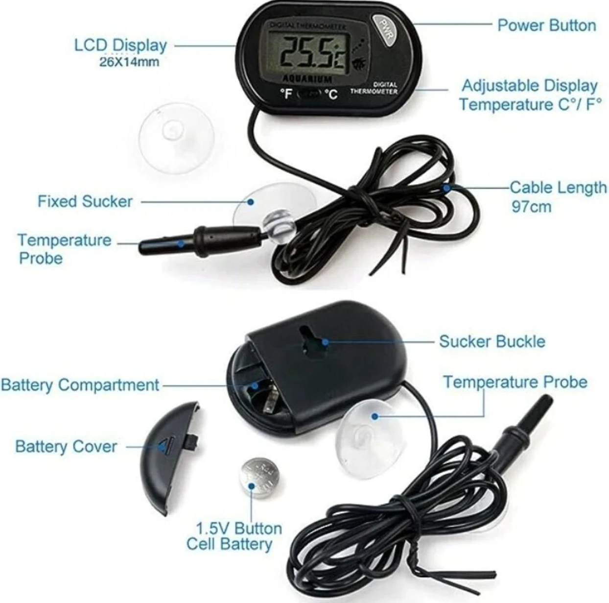 ميزان الحرارة الإلكتروني الرقمي لقياس درجة مئوية ℃   ميزان حرارة حوض السمك مع كوب شفط لمياه خزان الأسماك