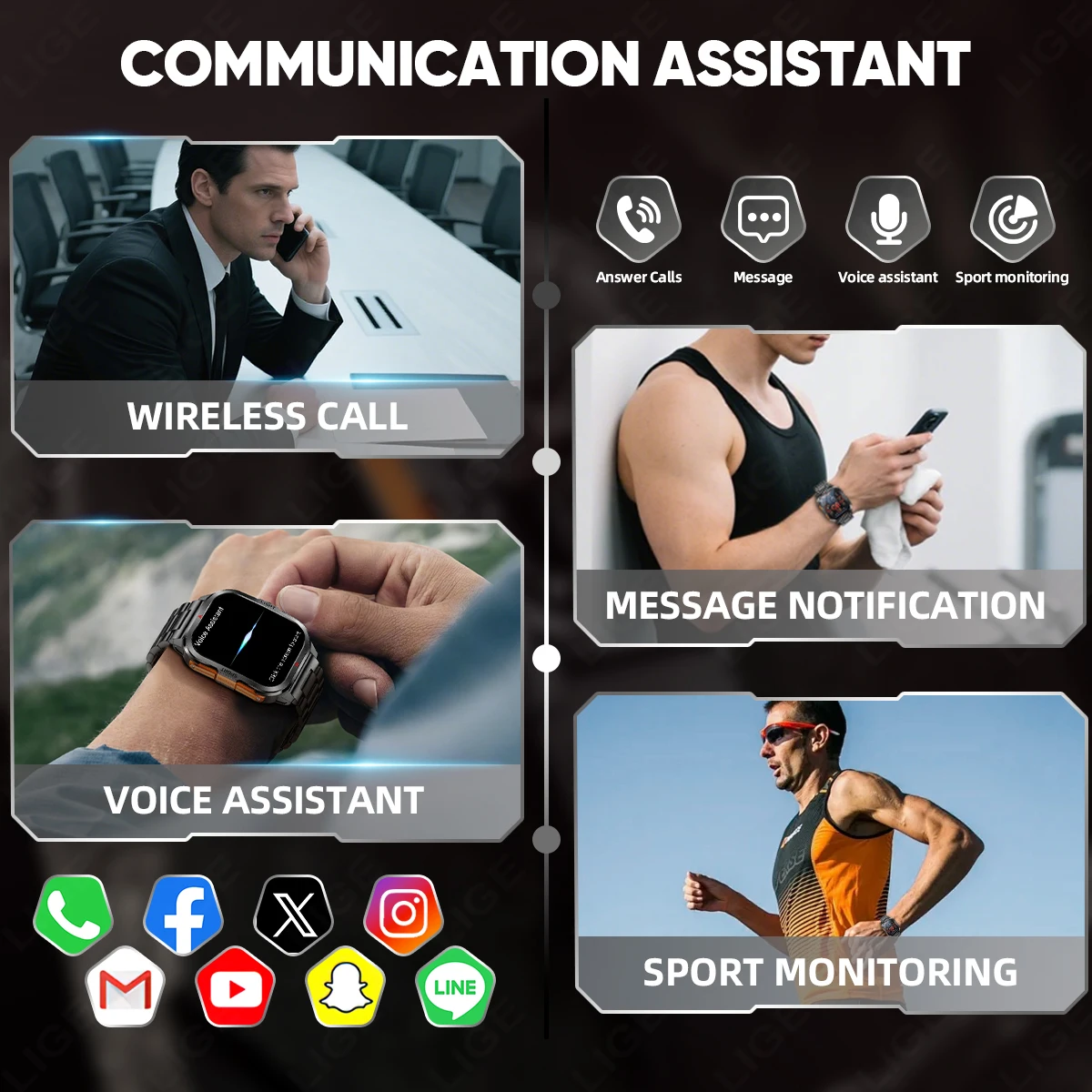 LIGE Torcia LED militare Smart Watch da uomo 3ATM Impermeabile Sport all'aria aperta Tracker Cardiofrequenzimetro Chiamata Bluetooth Smartwatch