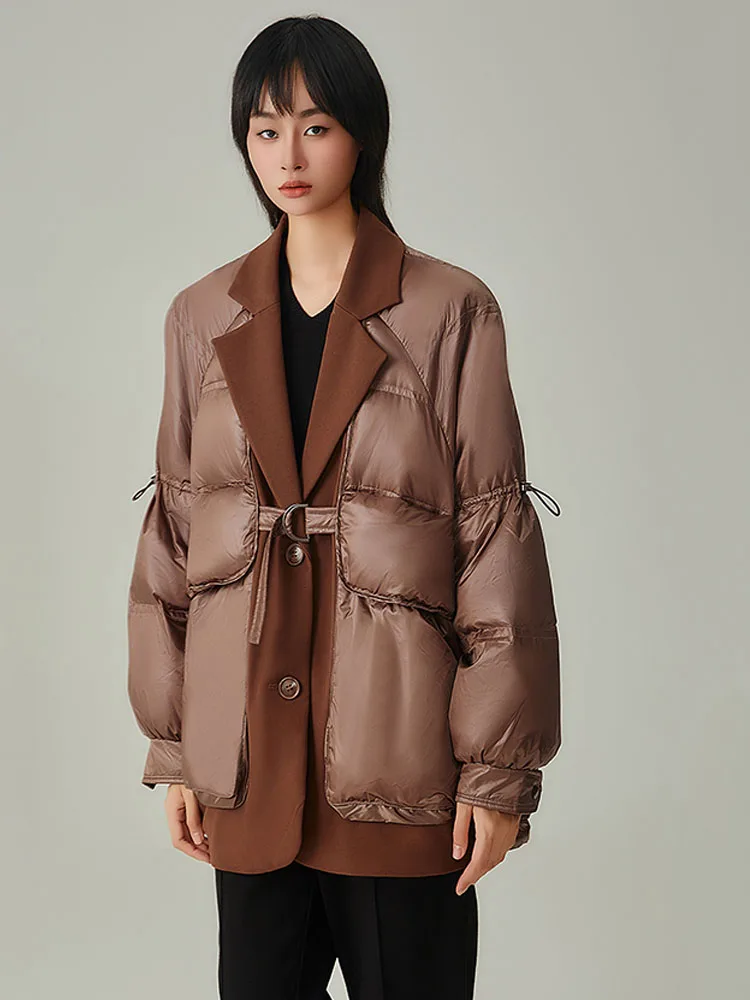 Chaqueta de plumón de invierno para mujer, abrigo de plumón de pato blanco, traje con cuello, diseño elegante, prendas de vestir exteriores de retazos, abrigo falso de dos piezas, cálido e informal