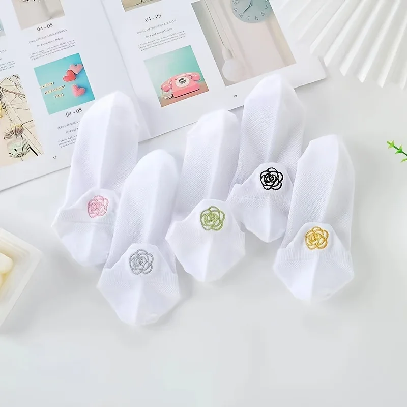 5 Pairs Women's Floral Embroidered Liner Socks, Sweet and Comfortable Women's Socks | Women's Liner Socks / Women's Ankle Socks