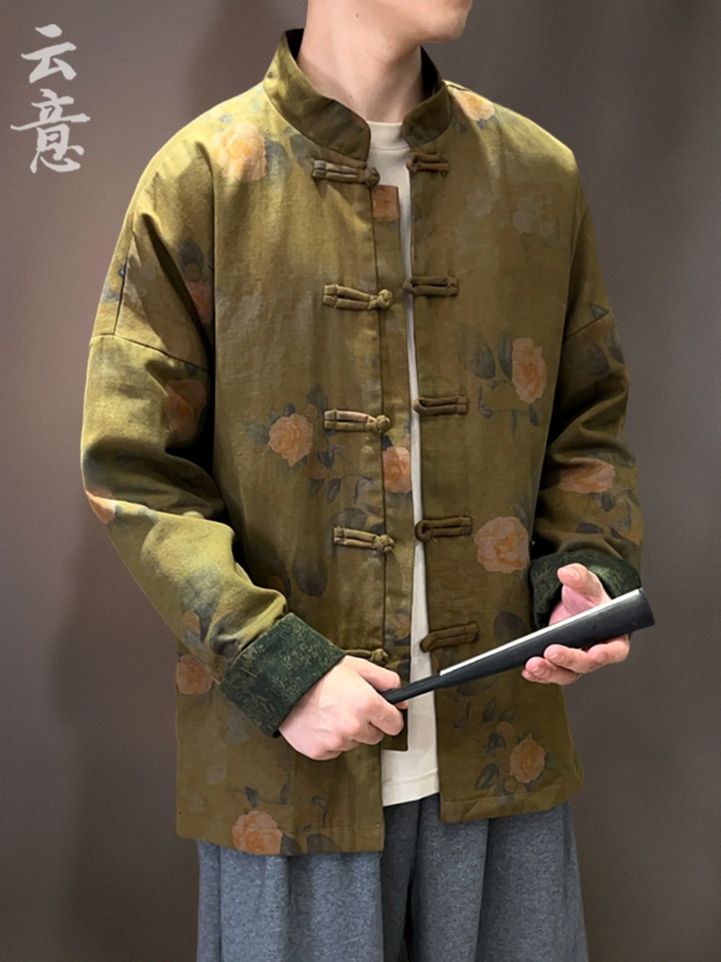 

Весенняя мужская куртка-танчун в китайском стиле с воротником-стойкой, ретро-костюм Ханьфу на пуговицах, молодежная, больших размеров, хлопковая, повседневная, с длинными рукавами