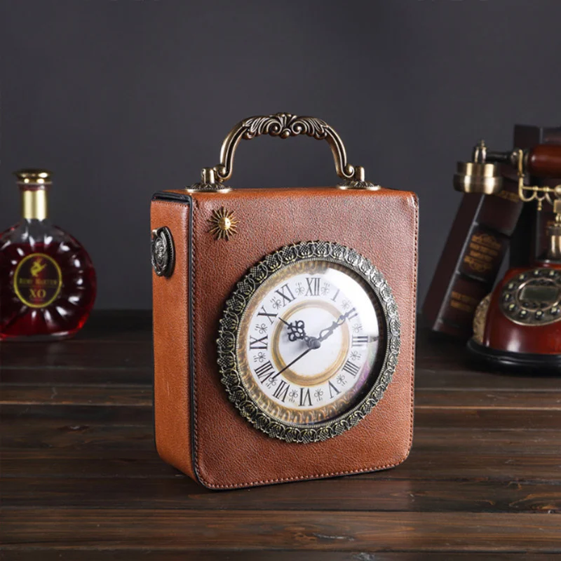 2023 new retro portable Messenger bag walking clock package creative clock bag small square bag embroidery double bread