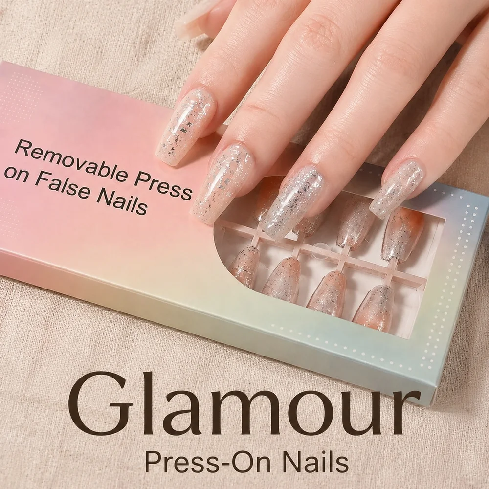 Long Trapezoid Fake Nails 120Pcs Shiny Glitter Gradient Press On Nails Glossy Reusable Full Cover Nail Tips With Manicure File