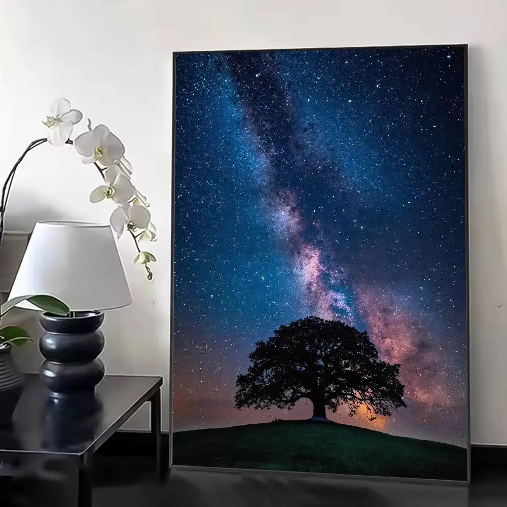 Milky Way Night Sky Poster, Lone Tree Silhouette On Hill Under Colorful Nebula Starry Sky Cosmic Nature Landscape Wall Decor
