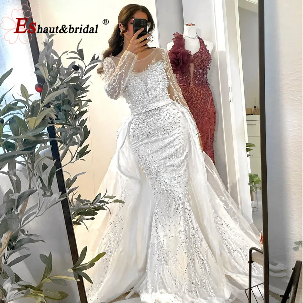 

Elegant Mermaid Evening Dress for Women 2026 Luxury Long Sleeves with Detachable Train Formal Prom Wedding Party Gown Customized