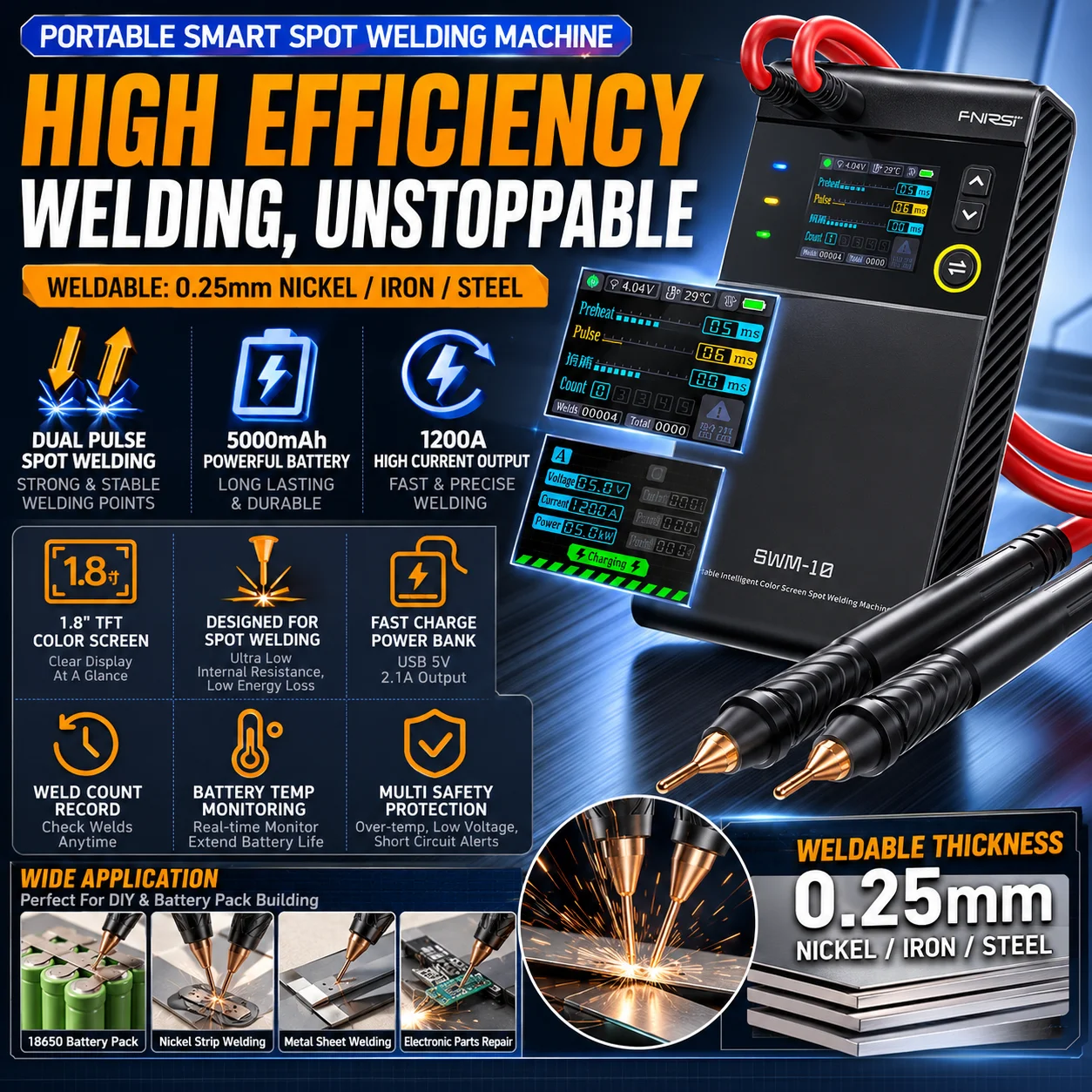 FNIRSI SWM-10 Handheld Spot Welder TFT Color Screen 5000mah Adjustable MAX 0.25mm Nickel Iron Sheet DIY Tool for 18650 Battery