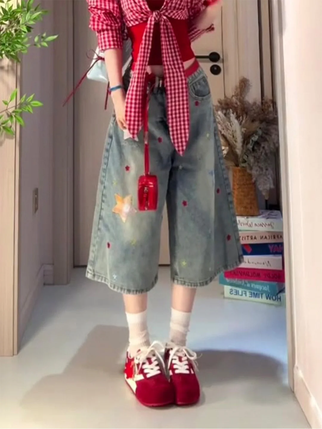 

High Waist Wide Leg Jeans Women's Summer New Style Slimming Bf Lazy Star Patch Seven Inch Denim Pants Breathable Comfortable