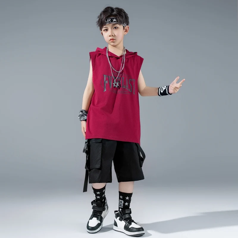 Abito da spettacolo di danza di strada per ragazzi Hip Hop Top oversize Pantaloncini neri Moda senza maniche Felpa con cappuccio Jazz Line Dance Costume 3633