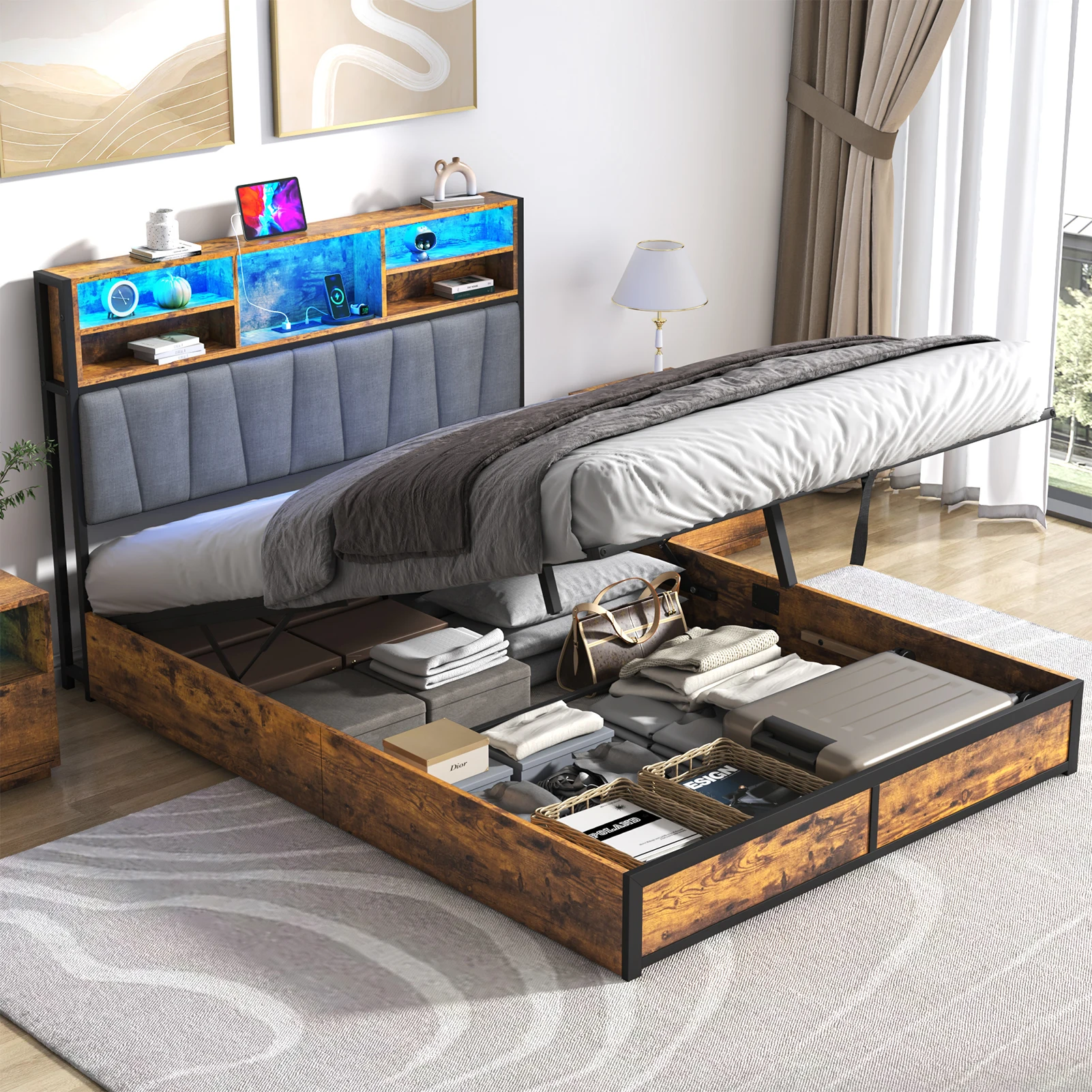 Queen Size Lift Up Storage Bed Frame with Charging Station, LED Platform Wood Bed Frame with Upholstered Bookcase Headboard