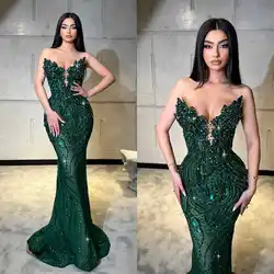 Classical Mermaid Gown Prom Dresses Strapless Crystals Beaded Lace Celebrity Party Evening Dresses Plus Size Custom Size Color