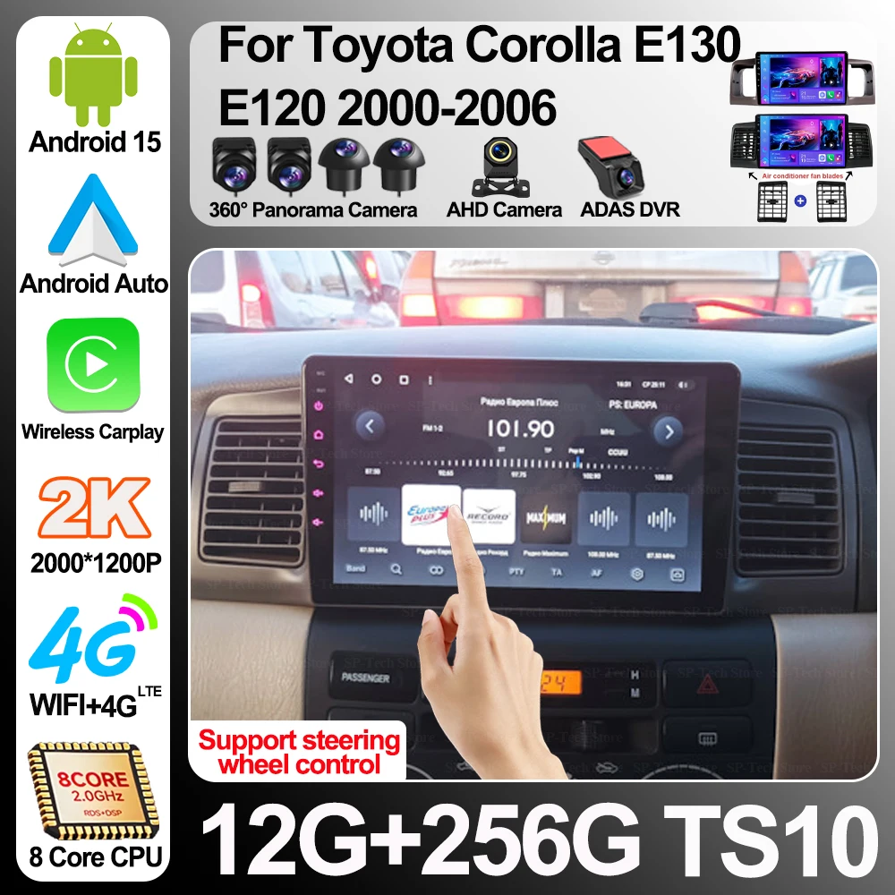 Radio para Auto con Carplay, Navegación GPS, Android Auto, Reproductor Multimedia, Wifi 5G, Sin 2din, para Toyota Corolla E130 E120 2000-2006