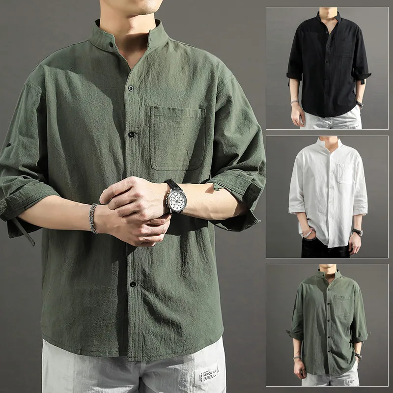 

Summer Cotton Linen Stand Collar Men's irt Casual f Sve Seven Sve Loose Fit Korean Version Trendy Loose Large Size